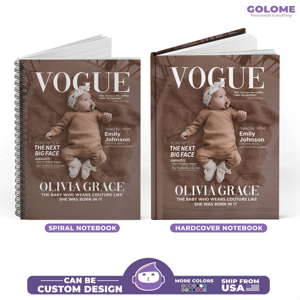 Personalized Baby Vogue Magazine Cover Notebook – Custom Name & Photo, Stylish Mom Gift